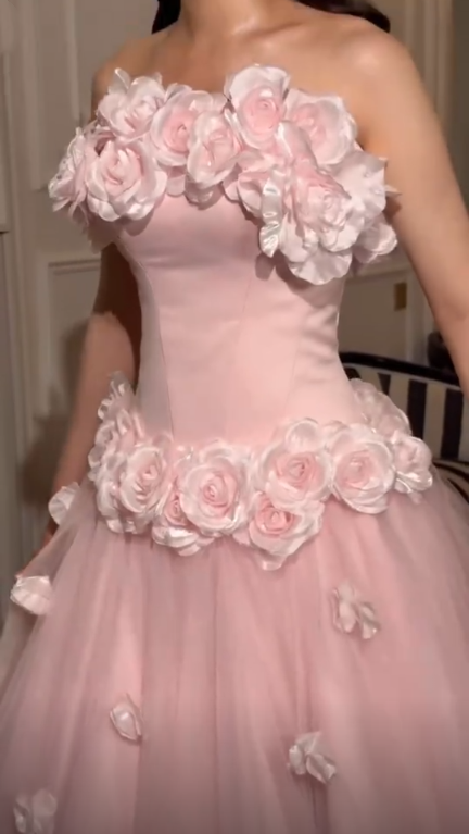 Elegant Pink Strapless 3D Floral Tulle Long Party Dress Evening Dress D3737