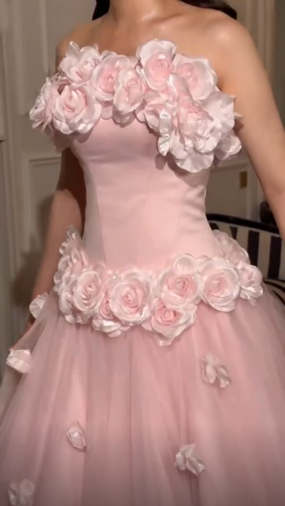 Elegant Pink Strapless 3D Floral Tulle Long Party Dress Evening Dress D3737