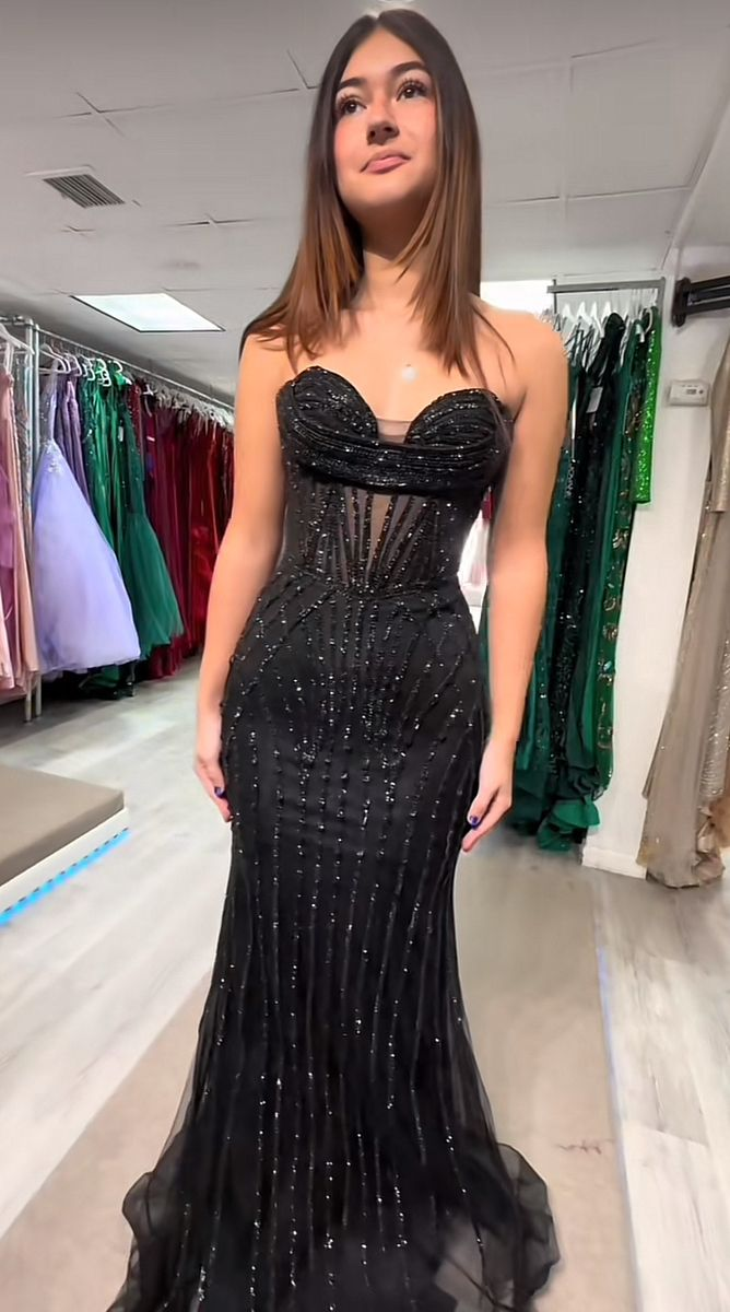 Fashion Sweetheart Neck Black Tulle Beaded Mermaid Long Party Dress Prom Dress D5401