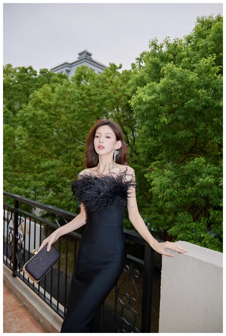 Chic Feathers Strapless White Satin Sheath Long Prom Dress Evening Dresses D2454