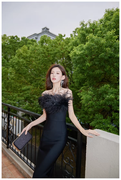 Chic Feathers Strapless White Satin Sheath Long Prom Dress Evening Dresses D2454