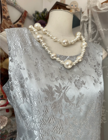 Vintage Sleeveless Satin Print Floral A Line Long Wedding Guest Dress Evening Dress D1667