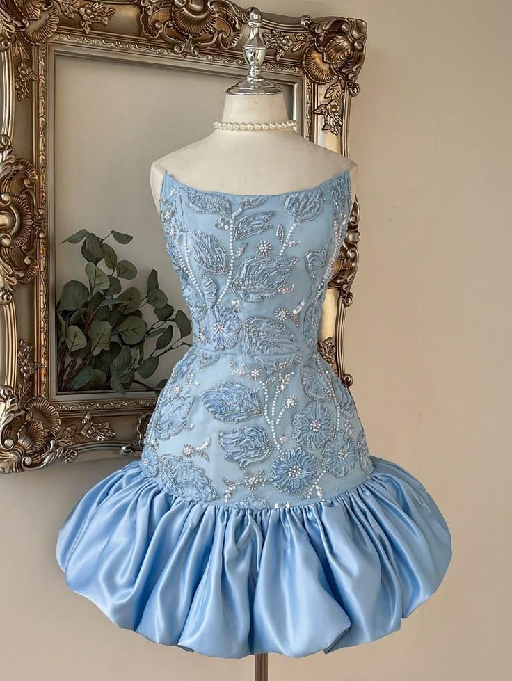 Elegant Strapless Blue Satin Beaded Floral Short Homecoming Dress Cocktail Dress D4240