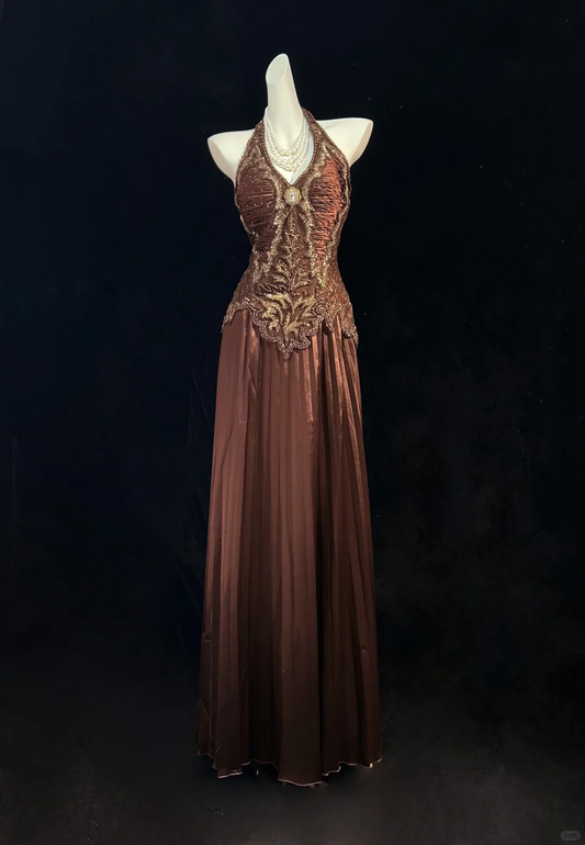 Vintage Brown Halter V Neck Satin Beaded A Line Long Evening Dress Birthday Party Dress D3120