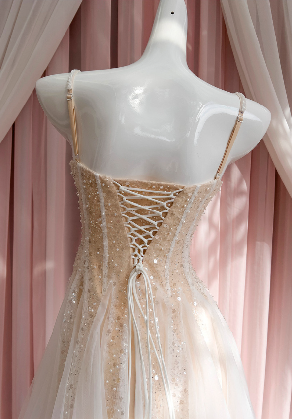 Sparkly Champagne Sequins Spaghetti Straps Homecoming Dress Cocktail Dress S433