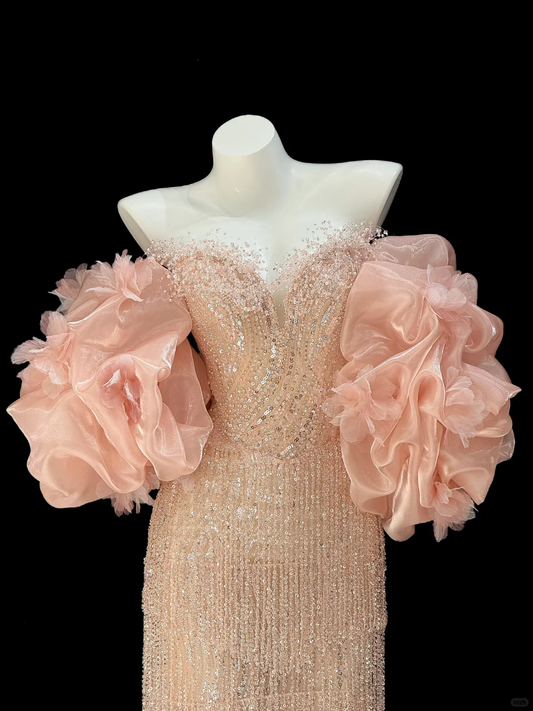 Luxurious Off The shoulder Sequin Beaded Sheath Long Evening Dress Birthday Prom Dress D2913