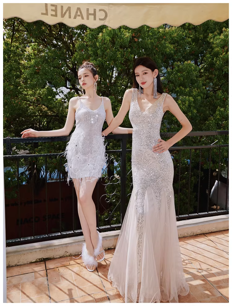 Glitter V Neck Champagne Silver Sequin Tulle Mermaid Long Evening Dress Party Gown D2399