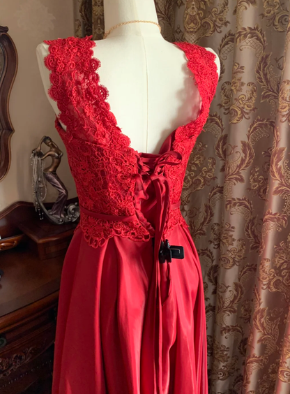 Vintage Red Sleeveless Lace Satin A Line Long Paery Dress Birthday Prom Dress D1715