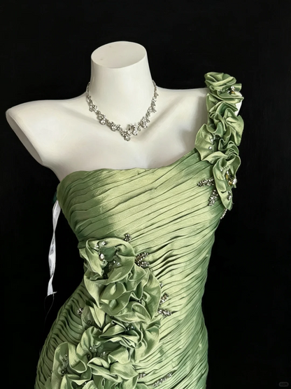 Stylish Green Satin Pleated Beaded Short Homecoming Dress One Shoulder Short Cocktail Dress D5264