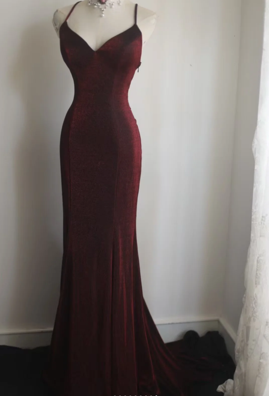 Charming Burgundy Spaghetti Straps Satin Mermaid Long Party Dress Backless Evening Gown D2324