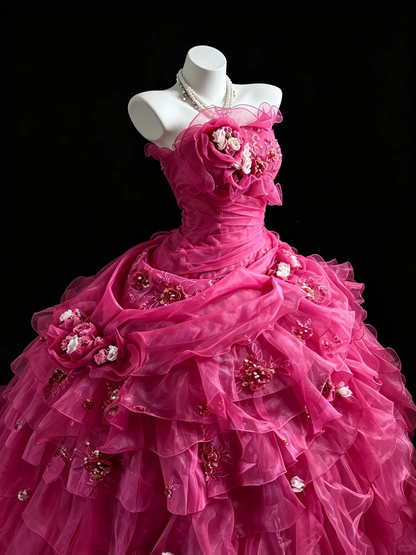 Charming Strapless Hot Pink Tulle Pleated Appliques Quinceanera Dress Sweet 15 16 Dress D5273