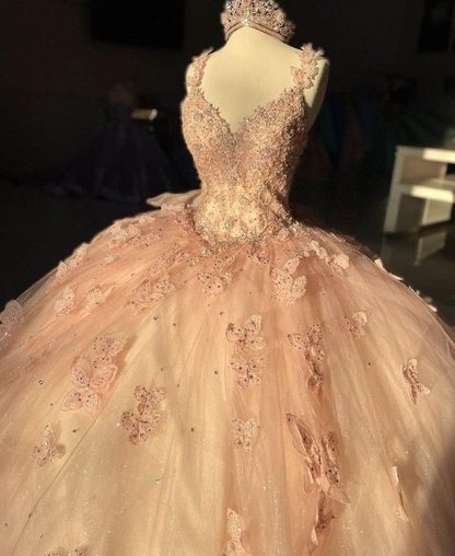 Glamorous Pink Tulle Sequin Beaded Appliques Quinceanera Dress Sweet 16 Dress With Bow D990