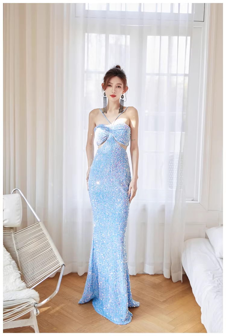 Glitter Blue Sequin Mermaid Long Wedding Guest Dress Formal Evening Dress Party Gown D2440
