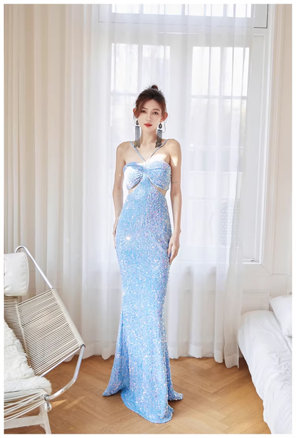 Glitter Blue Sequin Mermaid Long Wedding Guest Dress Formal Evening Dress Party Gown D2440