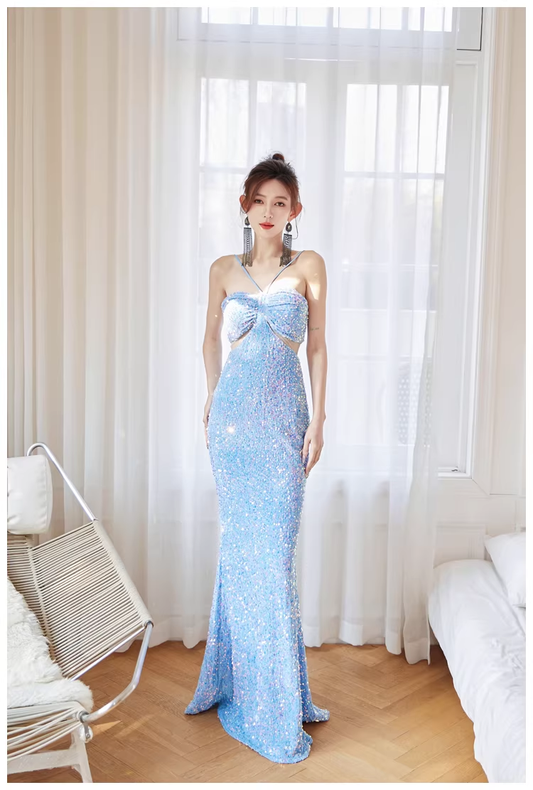 Glitter Blue Sequin Mermaid Long Wedding Guest Dress Formal Evening Dress Party Gown D2440