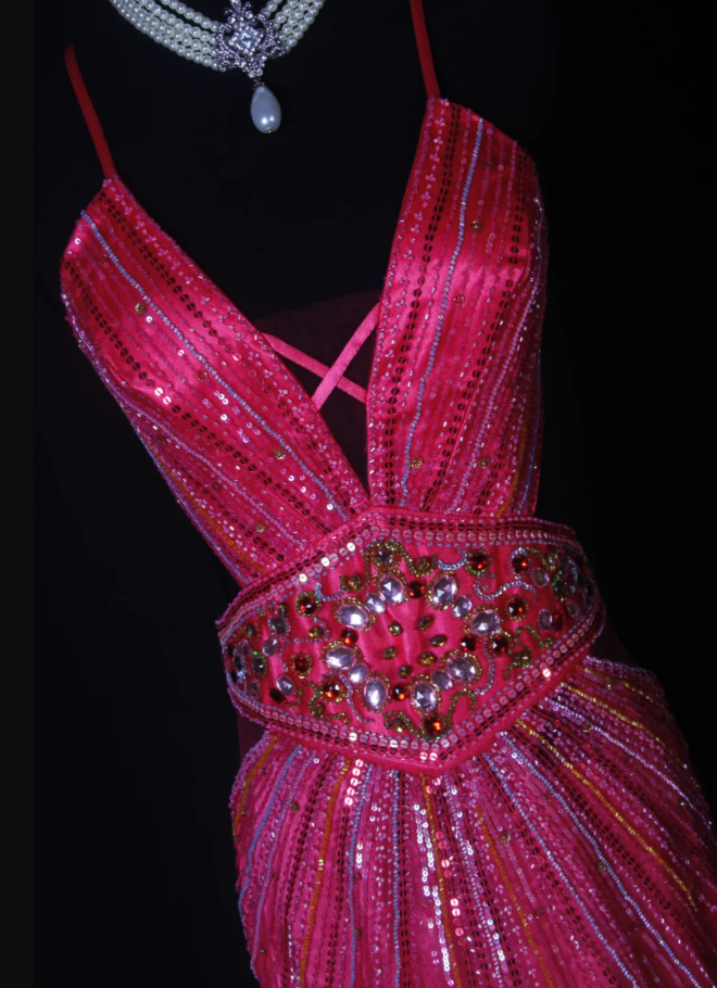 Gorgeous Spaghetti Straps Hot Pink V Neck Satin Tulle Beaded Mermaid Prom Dress Backless Long Evening Gown D2265