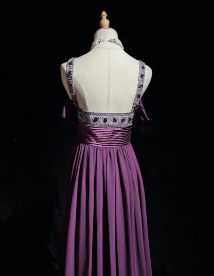 Stylish Spaghetti Straps Satin Beaded A Line Long Wedding Guest Dress,Purple Long Evening Dress Party Gown D2068