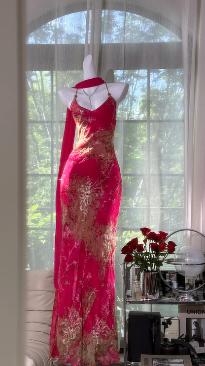 Pretty Spaghetti Straps Red Chiffon Printed Floral Beaded Mermaid Evening Dress Long Prom Gown D865