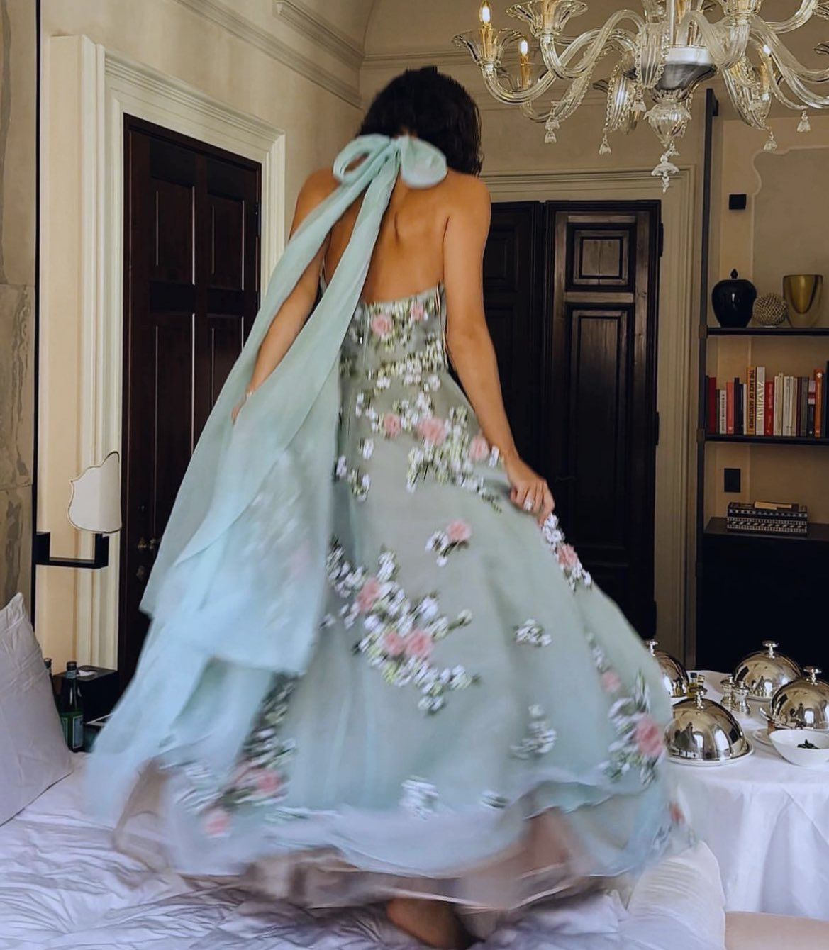 Princess Halter Cascading Ruffles Tulle Appliques Green Long Evening Dress Birthday Party Gown D4750