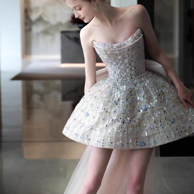 Glitter Strapless Tulle Beaded Mini Birthday Dress Pink Homecoming Dress With Bow S257