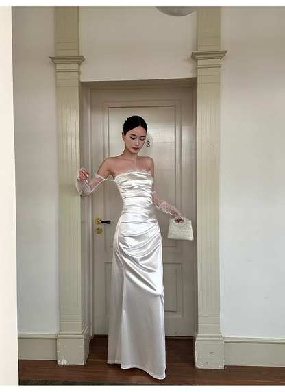 Classy White Off The Shoulder Satin Lace Mermaid Long Wedding Guest Dress Formal Evening Dress Prom Gown D2126