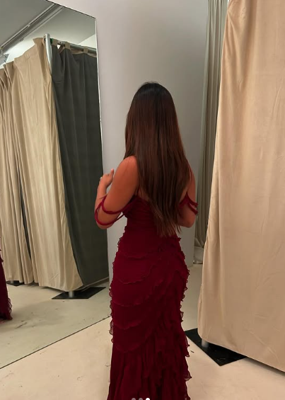 19495 Burgundy Off-Shoulder Tulle Sleeve Slit Mermaid Dress
