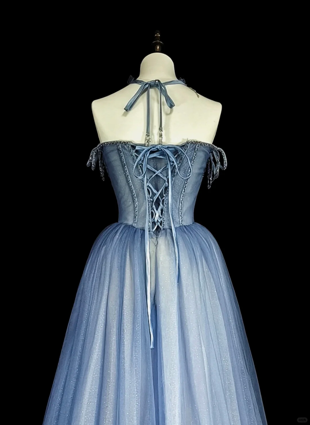 Charming Off The Shoulder Tulle Sequin Beaded Long Prom Dress Blue Evening Dress D5384
