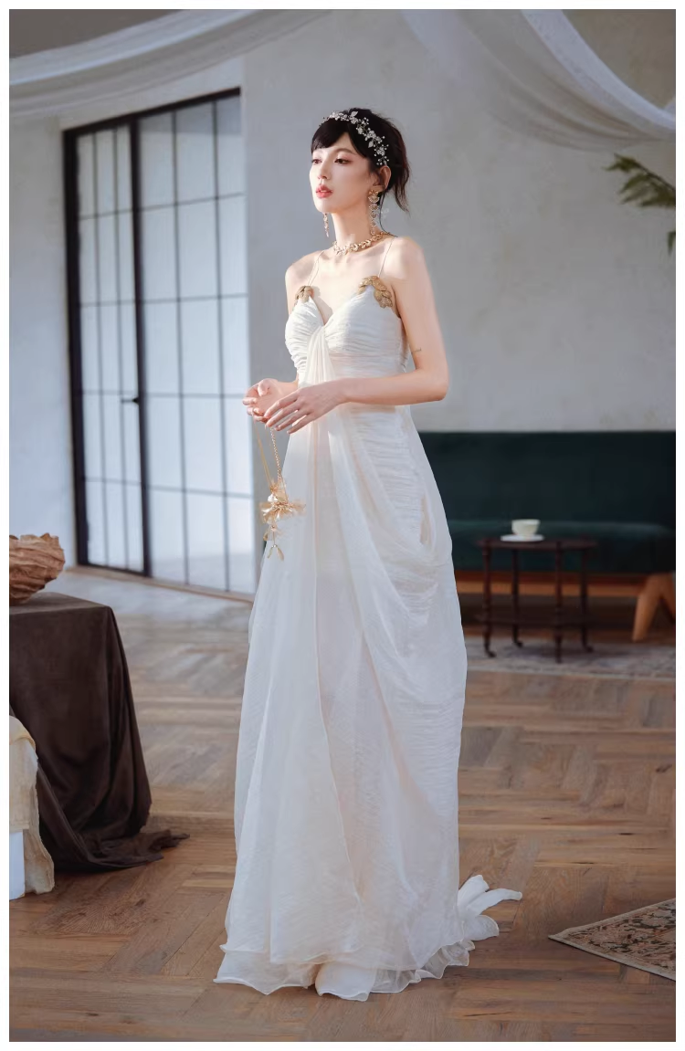 Charming Spaghetti Straps Light Apricot Chiffon Pleated Mermaid Long Evening Dress 18th Birthday Outfits D2451