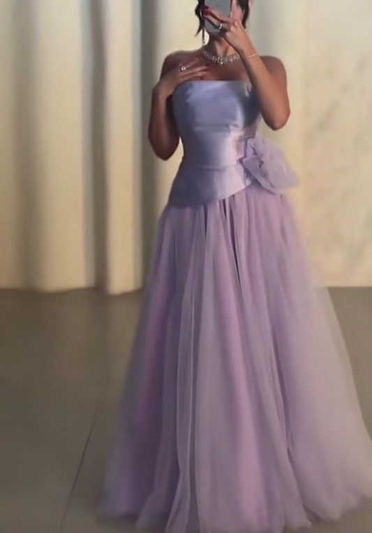 Sweet Strapless Lavender Satin Tulle A Line Long Birthday Party Dress Evening Dress D1812