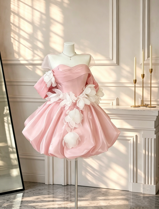 Sweet Tulle Satin Applique Short Party Dress Pink A Line 6th Graduation Homecoming Dress D2532