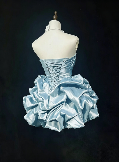 Elegant Blue Satin Pleated A Line Short Homecoming Dress,Strapless Mini Birthday Dress D3357