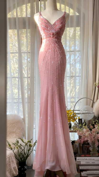 Gorgeous Spaghetti Straps Red Chiffon Beaded Mermaid Long Party Dress Evening Gown D1571
