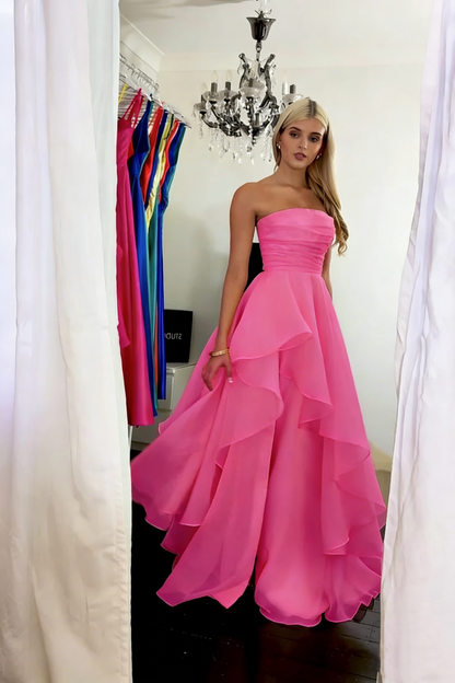 Classy Strapless Yellow Tulle Slit Long Prom Dress Formal Birthday Party Dress D1141