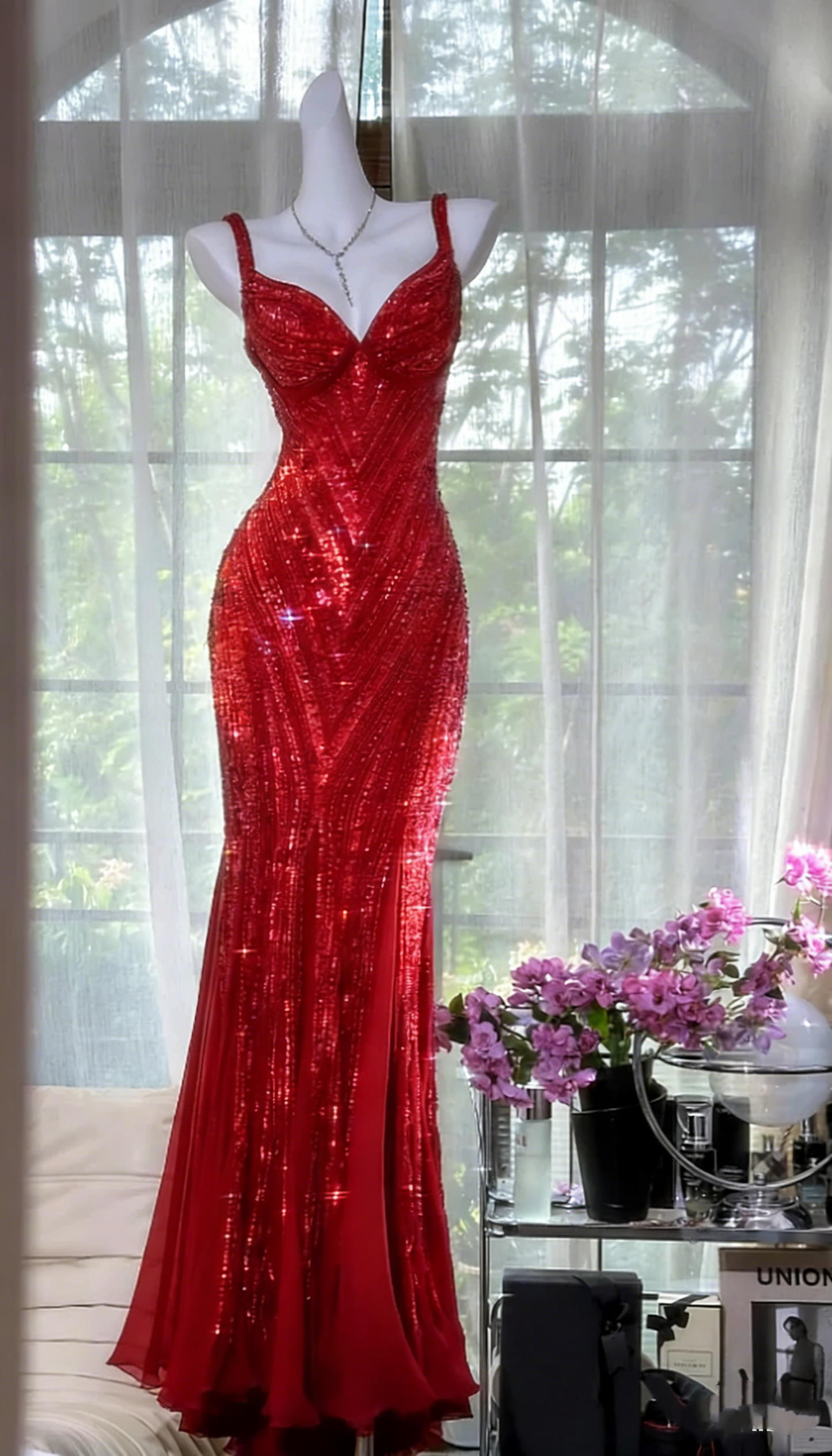 Vintage V Neck Dark Purple Chiffon Sequin Mermaid Long Party Gown Evening Dress D980