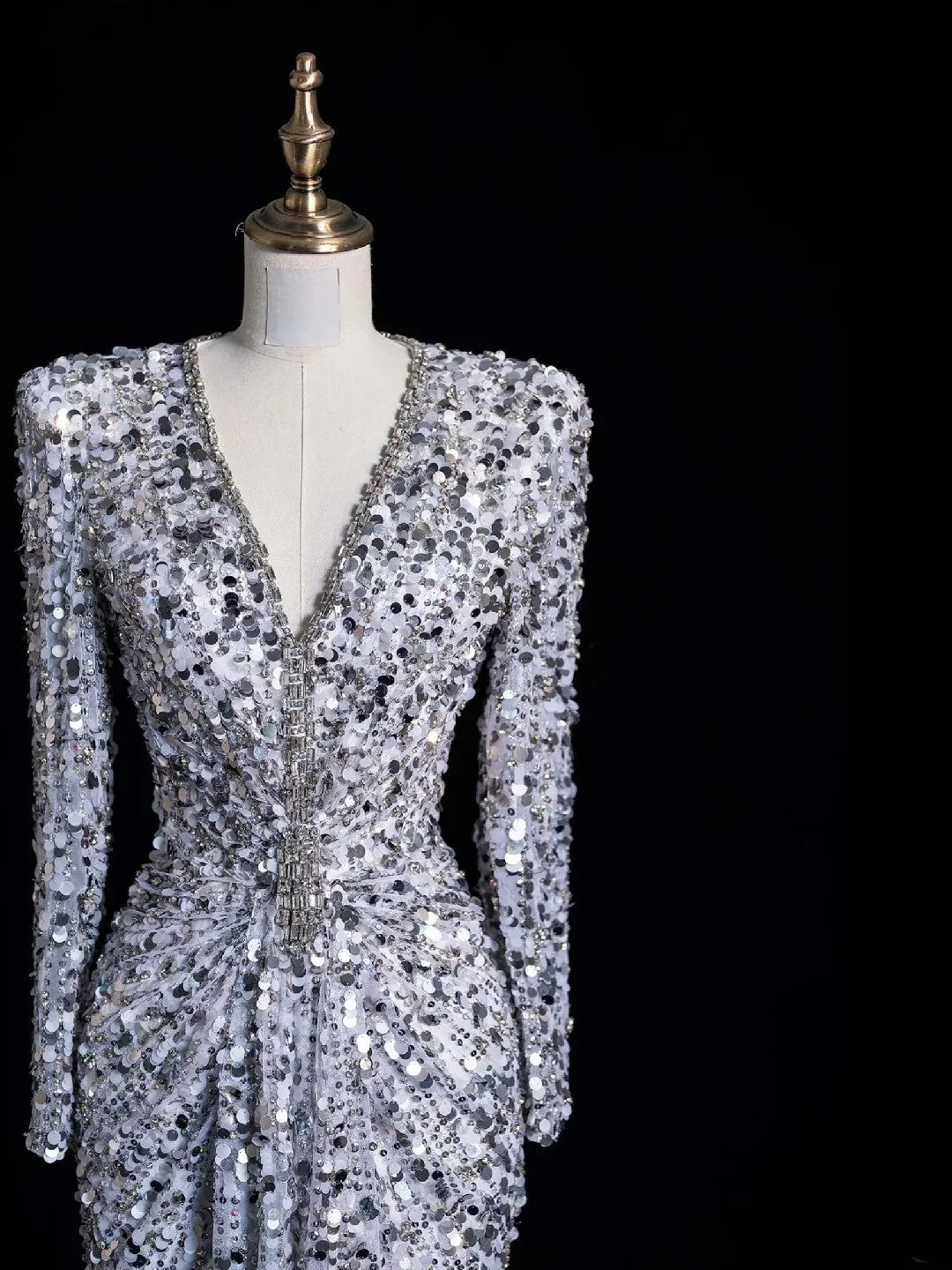 Sparkly V Neck Silver Sequin Beaded Sheath Long Party Dress Evening Dress With Ruched D4851