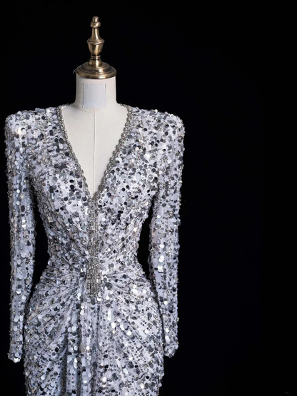 Sparkly V Neck Silver Sequin Beaded Sheath Long Party Dress Evening Dress With Ruched D4851
