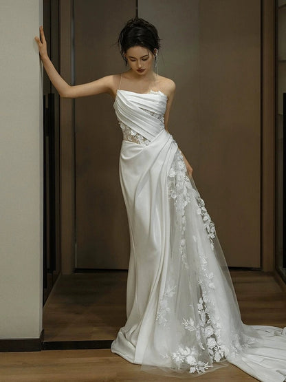 Simple White Mermaid One Shoulder Satin Lace Pleats Wedding Dress SD1738