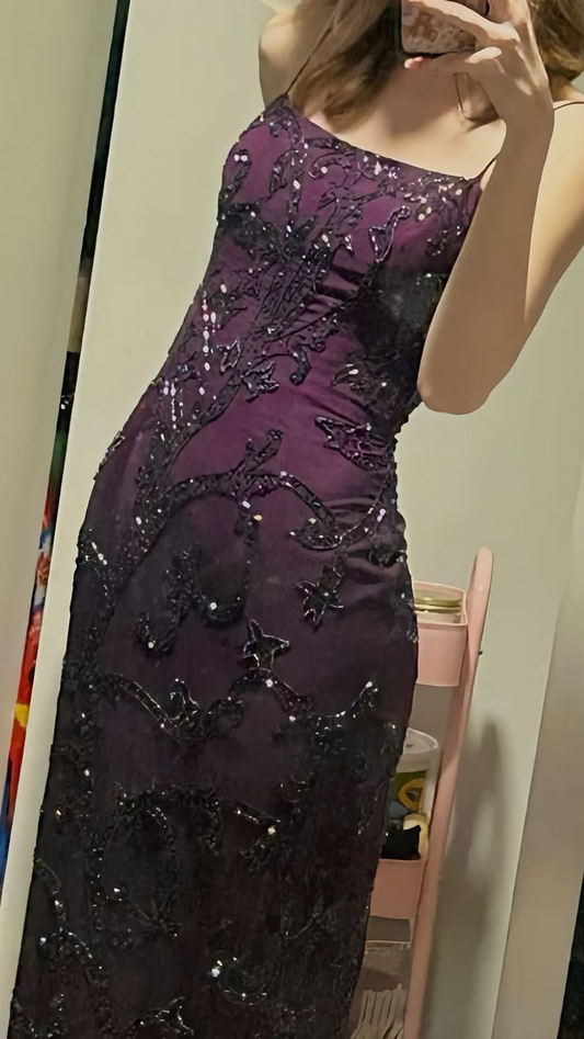 Elegant Spaghetti Straps Purple Satin Beaded Long Evening Dress Formal Birthday Party Dress Prom Gown D1836