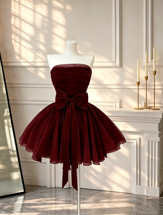 Vintage Burgundy Short Graduation Homecoming Dress Strapless Velvet Chiffon A Line Short Cocktail Dress D2700