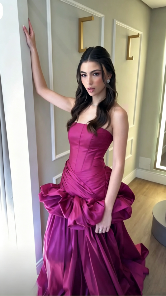 Classy Fuchsia Satin Pleated Long Mermaid Party Dress Strapless Long Wedding Guest Dress D4343
