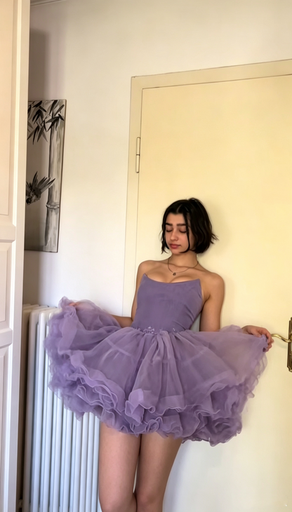Charming Strapless Purple Tulle A Line Short Homecoming Dress Cocktail Dress D3350