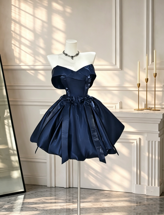 Pretty Navy Blue Satin A Line Cocktail Dress Strapless Short Birthday Dress D2594