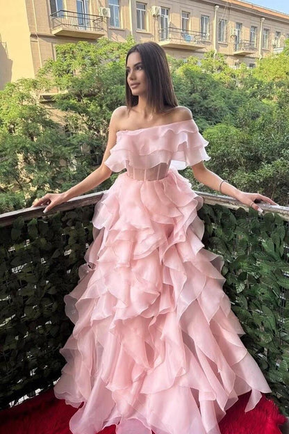 Elegant One Shoulder Pink Chiffon Ruffle Long Birthday Prom Dress Party Gown D4486