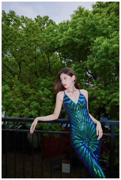 Vintage Green Spaghetti Straps Sequin Mermaid Long Evening Dress Birthday Dress D2447