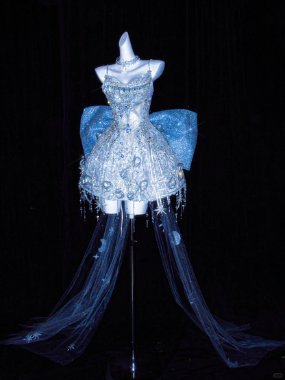 Glitter Spaghetti Straps Blue Tulle Sequin Beaded A Line Short Graduation Homecoming Dress With Bow D3063