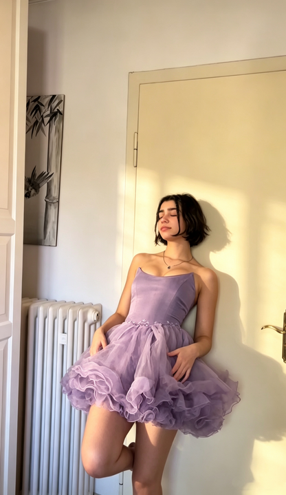 Charming Strapless Purple Tulle A Line Short Homecoming Dress Cocktail Dress D3350
