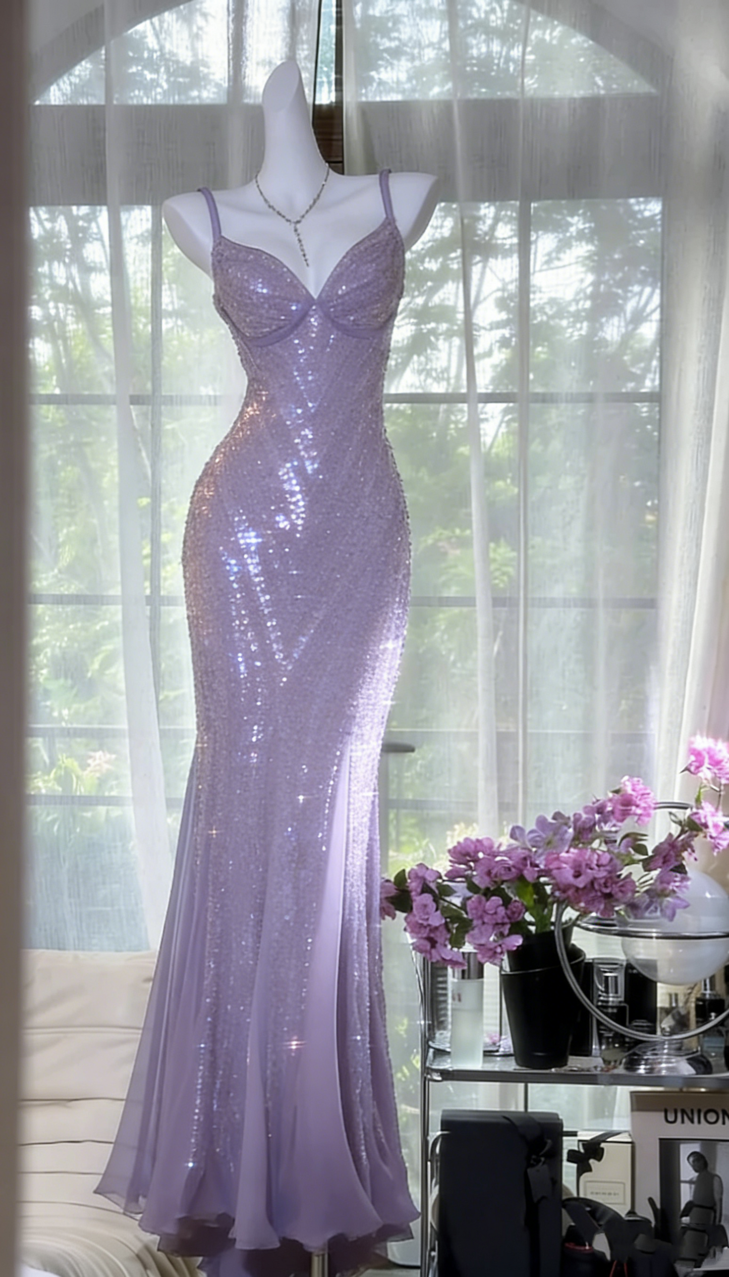 Vintage V Neck Dark Purple Chiffon Sequin Mermaid Long Party Gown Evening Dress D980