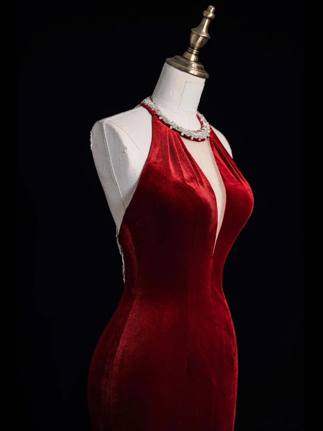 Vintage Halter Burgundy Velvet Mermaid Long Party Dress Birthday Prom Dress With Tassels D4850