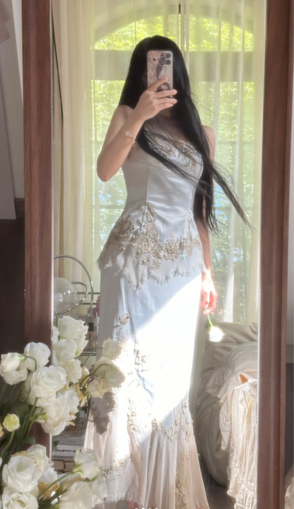 Vintage White Satin Appliques Chiffon Mermaid Long Birthday Prom Dress Party Gown D2303