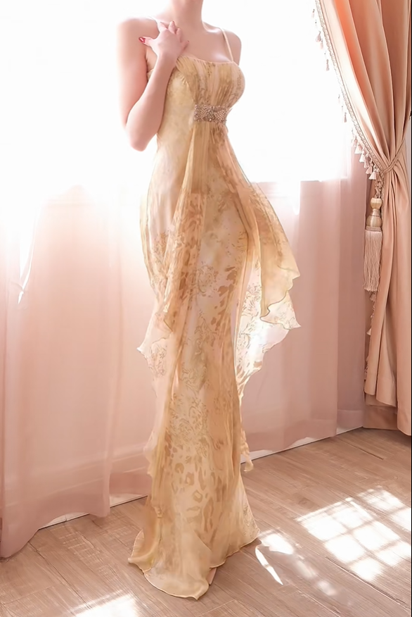 Classy Spaghetti Straps Chiffon Print Floral Mermaid Long Party Dress Evening Dress D2749